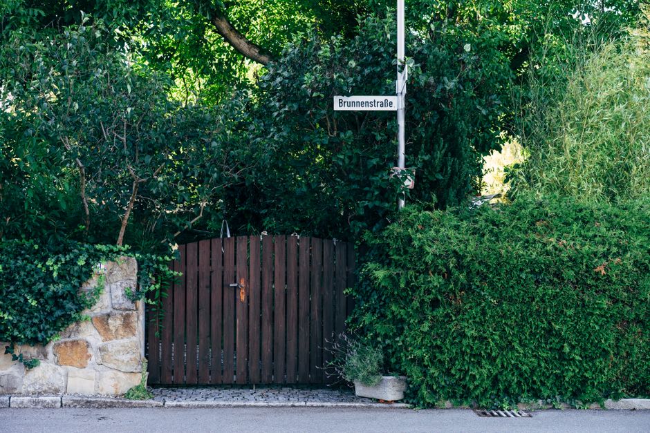 A gardener in a bright blue jacket and teal trousers is descending a stone staircase in a lush garden, carrying a bunch of green plants in one hand and holding a large plastic bag in the other. The st